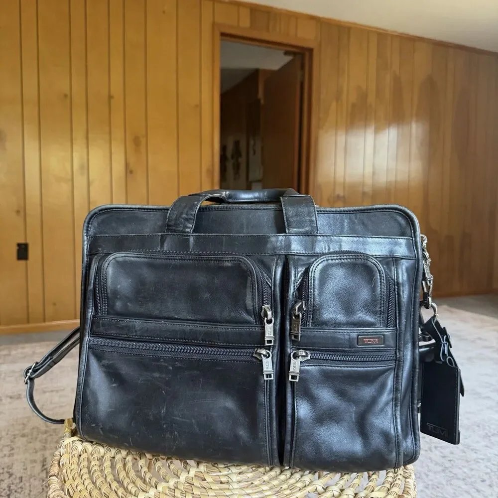 Tumi Alpha Business Briefcase Durable Leather 2-Way Expandable Laptop Bag Large